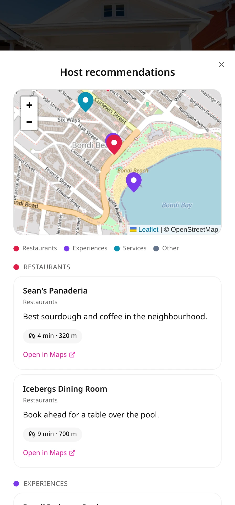 Homsies host recommendations map showing nearby restaurants, experiences and services for guests