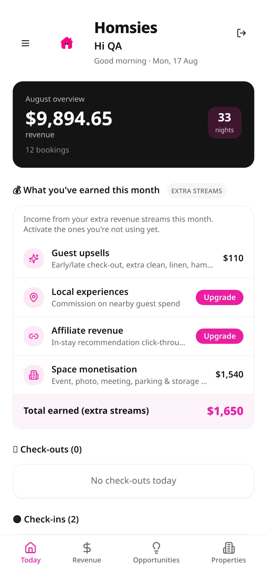 Homsies Today screen showing monthly revenue and income earned from extra revenue streams